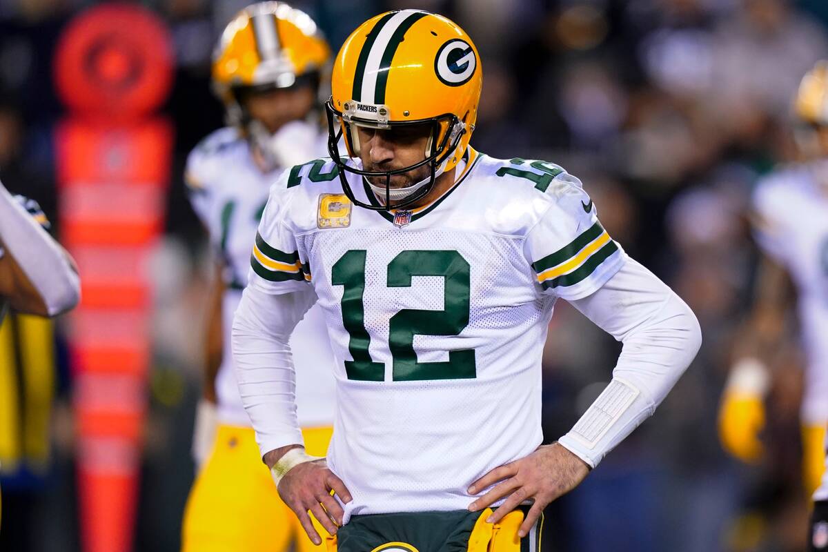 Green Bay Packers quarterback Aaron Rodgers reacts during the second half of an NFL football ga ...
