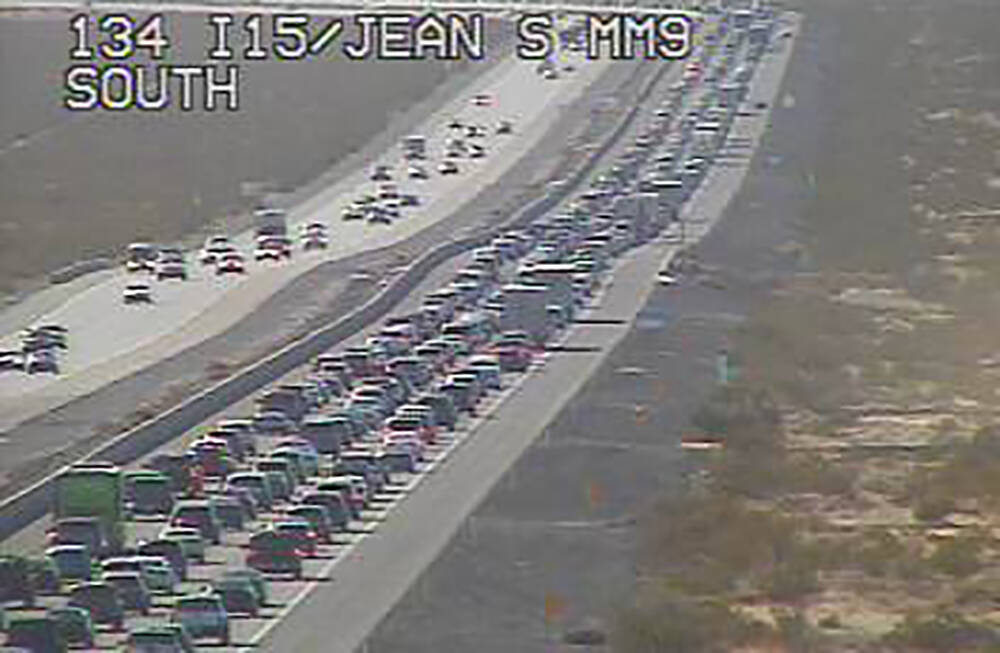 Southbound Interstate 15 is plugged with three lanes of cars near Primm, Nevada, on Sunday, Nov ...