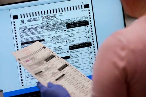 FILE - An election worker verifies a ballot on a screen inside the Maricopa County Recorders Of ...