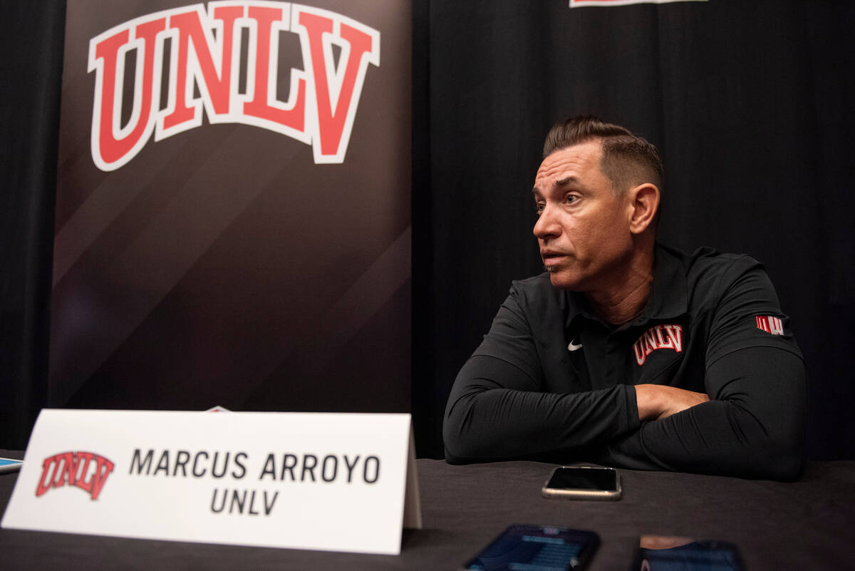 In this July 20, 2022, file photo, UNLV head coach Marcus Arroyo speaks at media day for the M ...