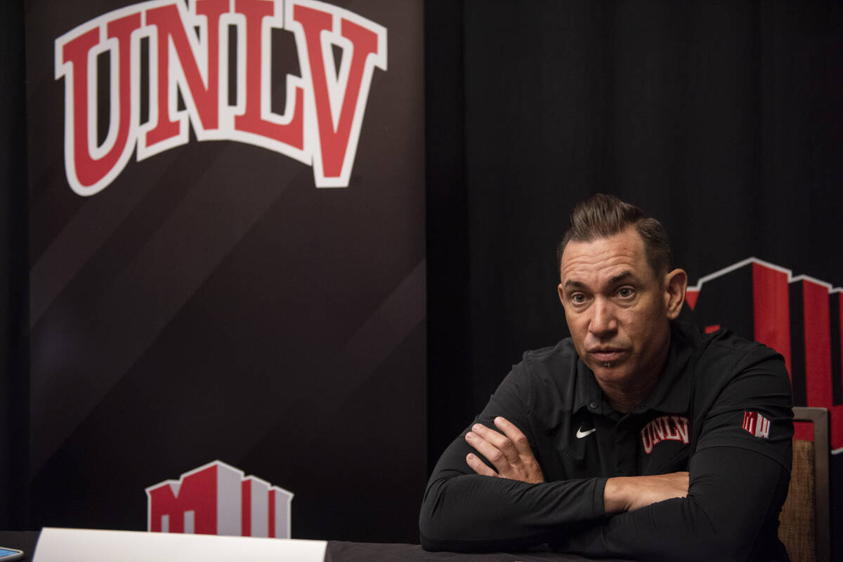 UNLV head coach Marcus Arroyo speaks at media day for the Mountain West conference at Mandalay ...