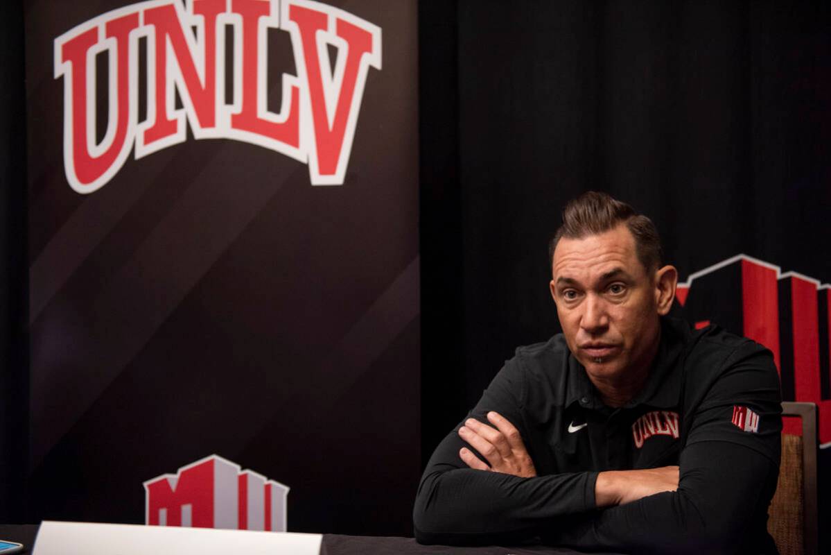 UNLV head coach Marcus Arroyo speaks at media day for the Mountain West conference at Mandalay ...