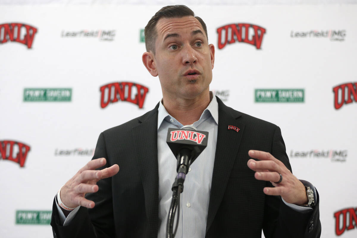 UNLV football head coach Marcus Arroyo announces his first recruiting class during a press conf ...