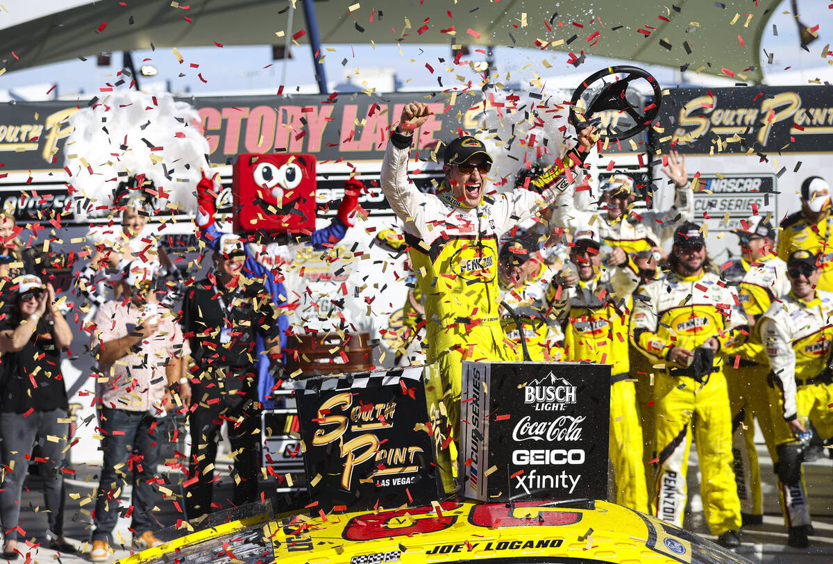during the NASCAR Cup Series playoff race at Las Vegas Motor Speedway on Sunday, Oct. 16, 2022, ...