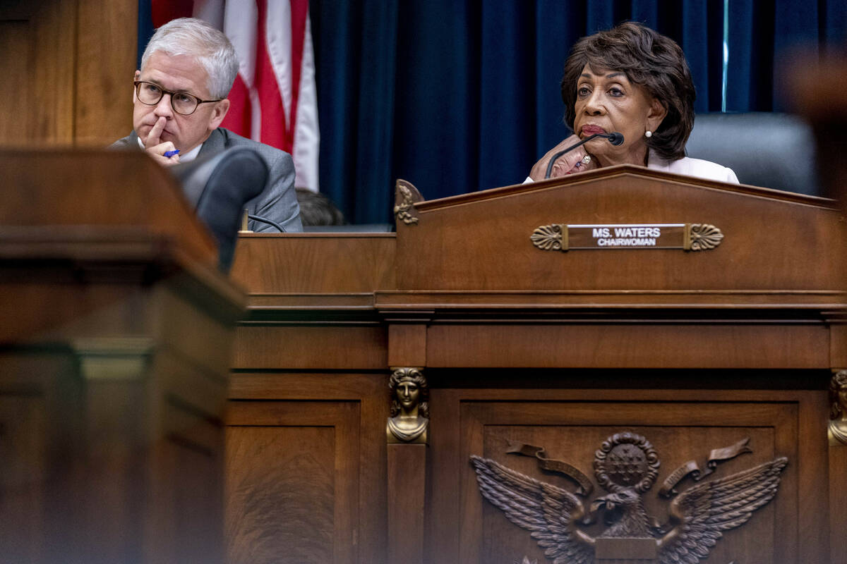 FILE - Chairwoman Maxine Waters, D-Calif., right, and Ranking Member Patrick McHenry, R-N.C., l ...