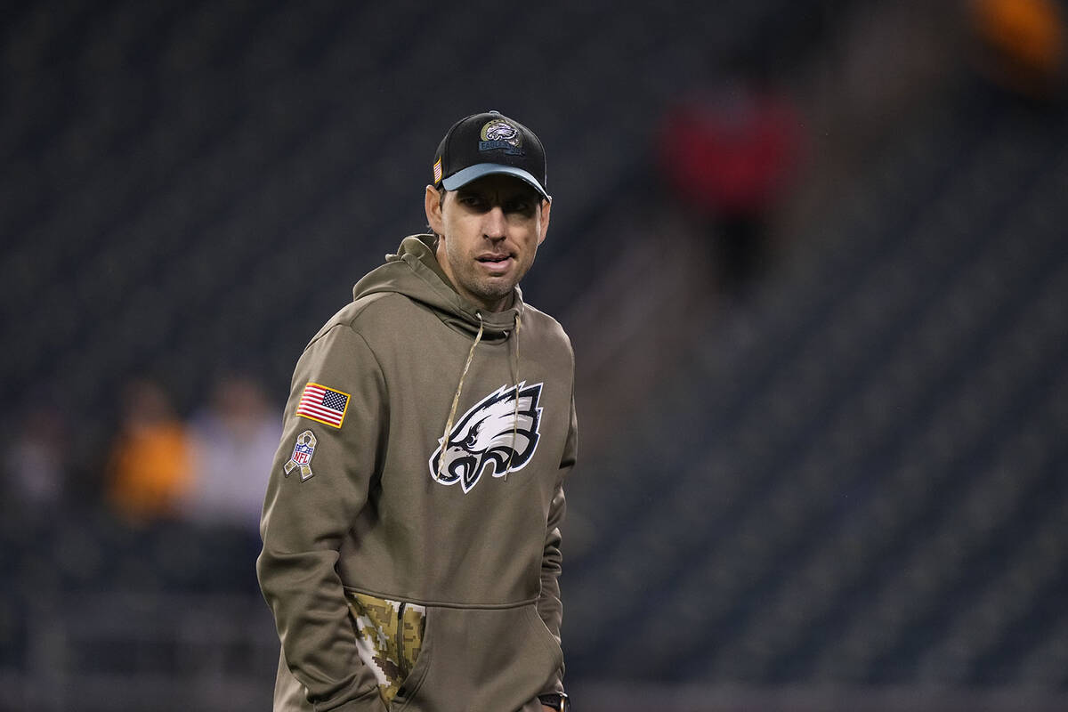Philadelphia Eagles offensive coordinator Shane Steichen watches before an NFL football game ag ...