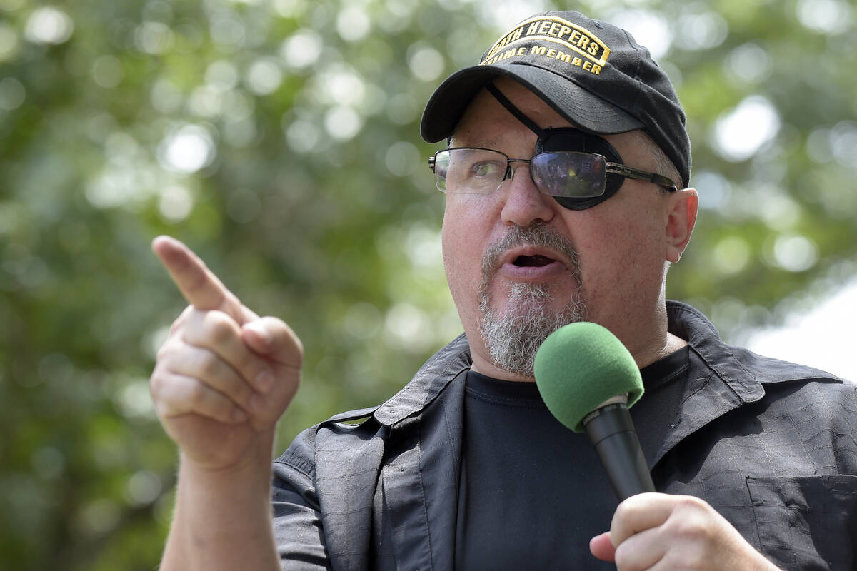 FILE - Stewart Rhodes, founder of the citizen militia group known as the Oath Keepers speaks du ...