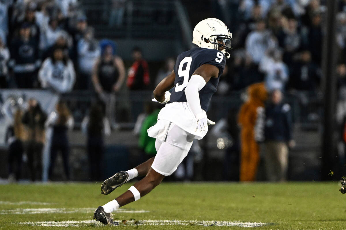 Penn State cornerback Joey Porter Jr. (9) drops into coverage against Michigan State during the ...