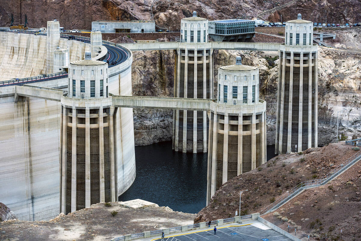 The intake towers at Hoover Dam are where water enters from Lake Mead to generate electricity a ...