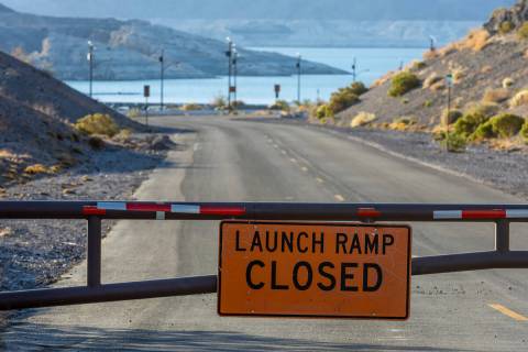 The road and launch ramp remain closed in Callville Bay along the shoreline of Lake Mead at the ...