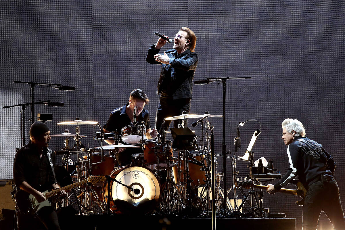 From left, The Edge, Larry Mullen Jr., Bono and Adam Clayton of U2 perform at the Gocheok Sky D ...