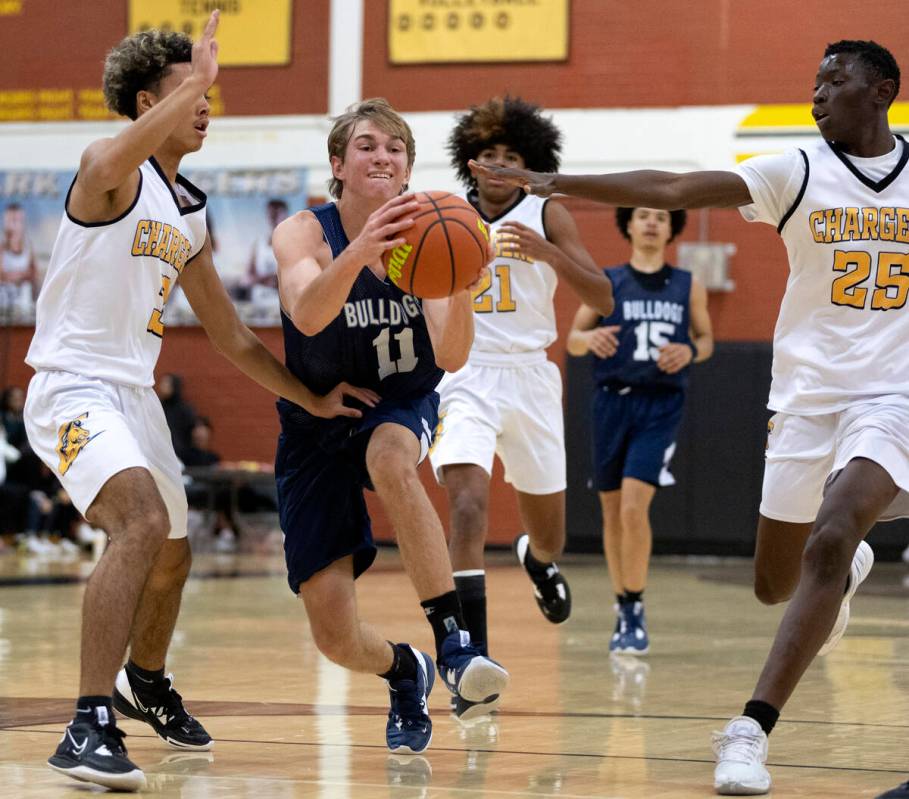 Centennial’s Toby Roberts (11) prepares to pass while Clark’s Traci Hutchins, lef ...