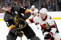 Golden Knights defenseman Alex Pietrangelo (7) skates against Senators left wing Brady Tkachuk ...