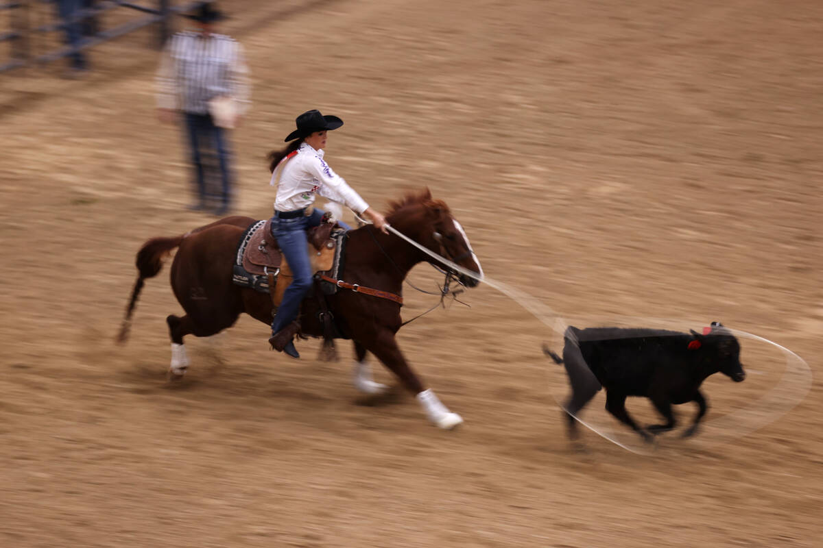 Shelby Boisjoli competes in the women's Wrangler National Finals Breakaway Roping event at the ...