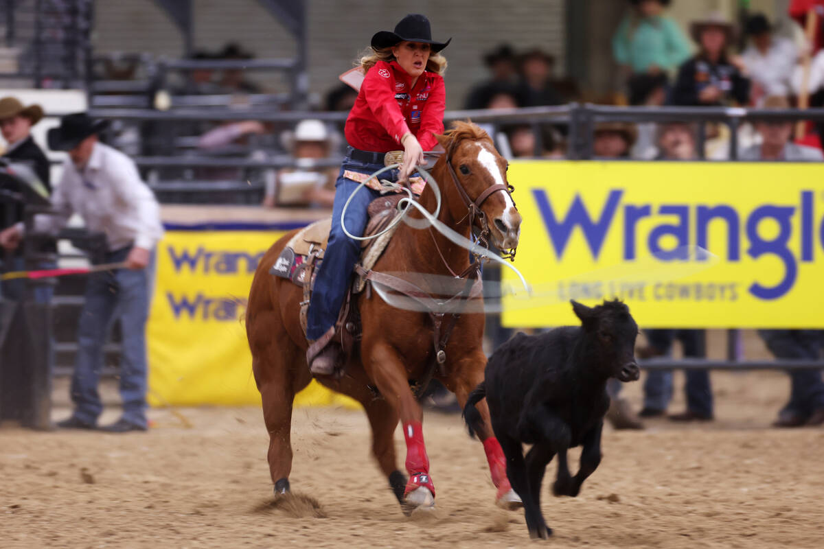during the women's Wrangler National Finals Breakaway Roping event at the South Point Arena &am ...