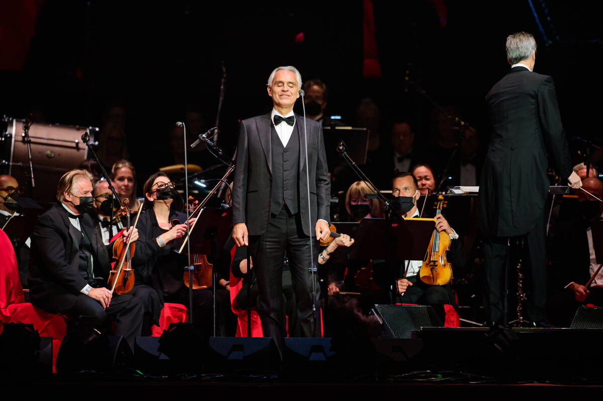 Andrea Bocelli is shown in performance at MGM Grand Garden on Friday, Feb. 18, 2022. (Shore Fir ...