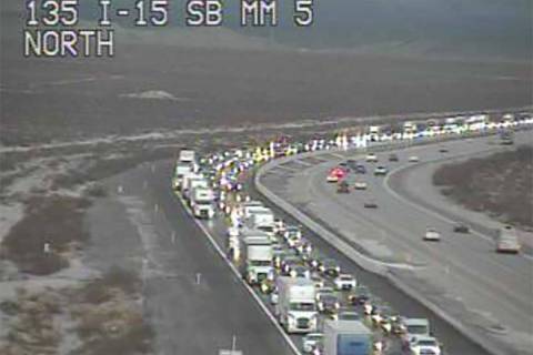 Traffic heading to Southern California is backed up on southbound Interstate 15 near the statel ...