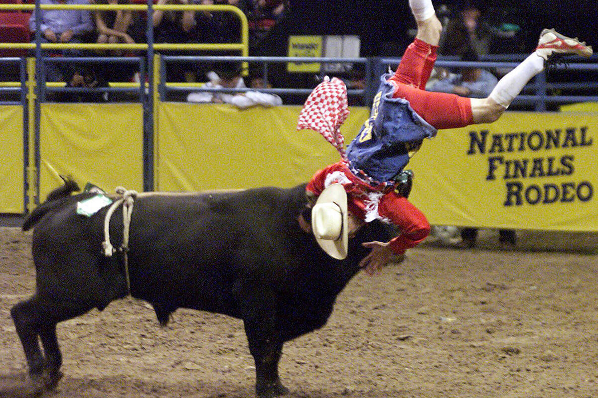 Greg Rumohr of Rio Vista Texas gets flipped during the bull fighting competition at the sixth g ...