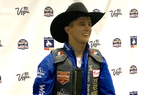 Three-time defending all-around champion Stetson Wright, all smiles after a go-round win in the ...