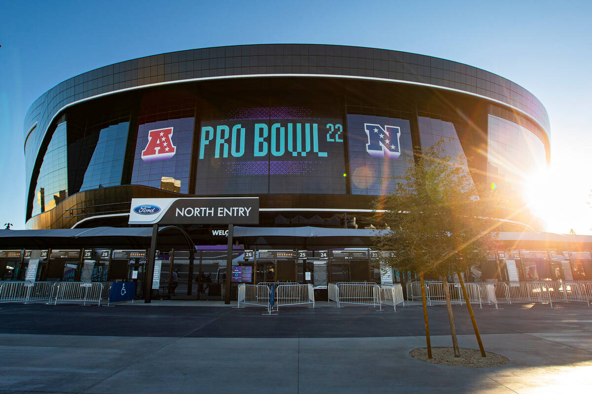 Signage for the NFL Pro Bowl football game is seen Allegiant Stadium on Sunday, Feb. 6, 2022, i ...