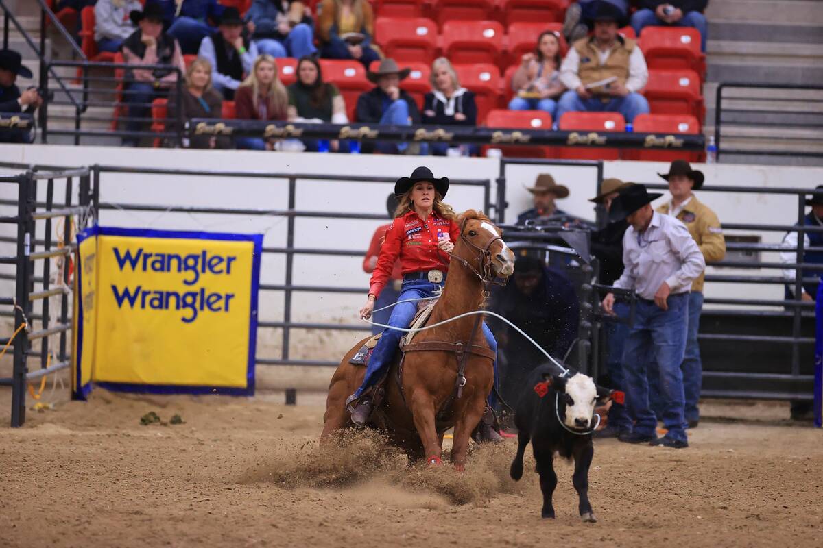 Taylor Hanchey competes in the women's Wrangler National Finals Breakaway Roping event this wee ...