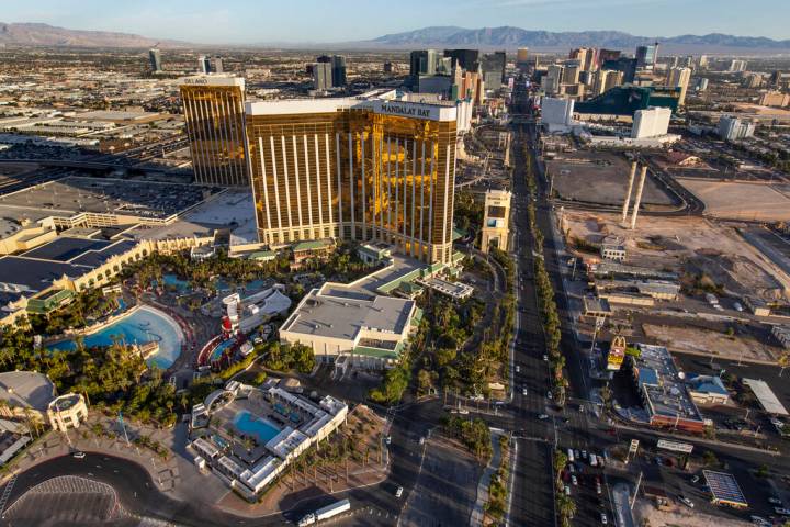 The pool area around the Mandalay Bay and Delano with the Las Vegas Strip to the north in an ae ...