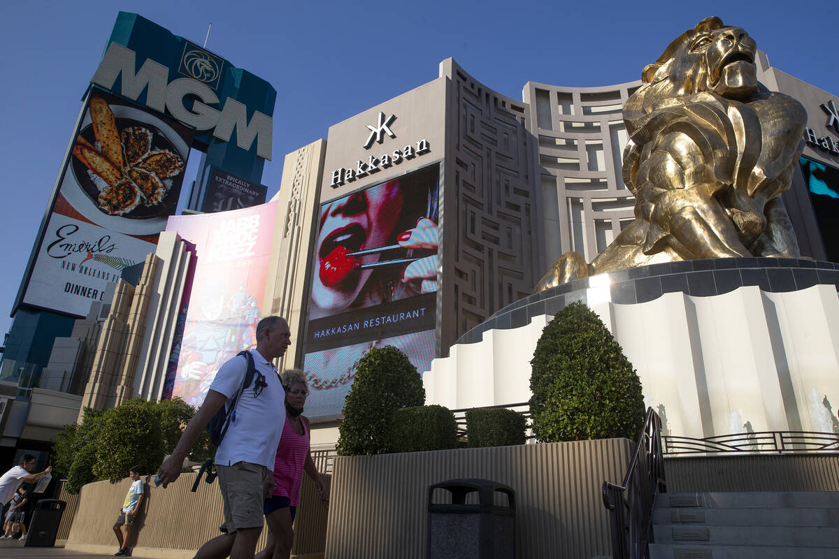 Visitors to the Las Vegas Strip pass MGM Grand on Aug. 4, 2021. (Ellen Schmidt/Las Vegas Review ...