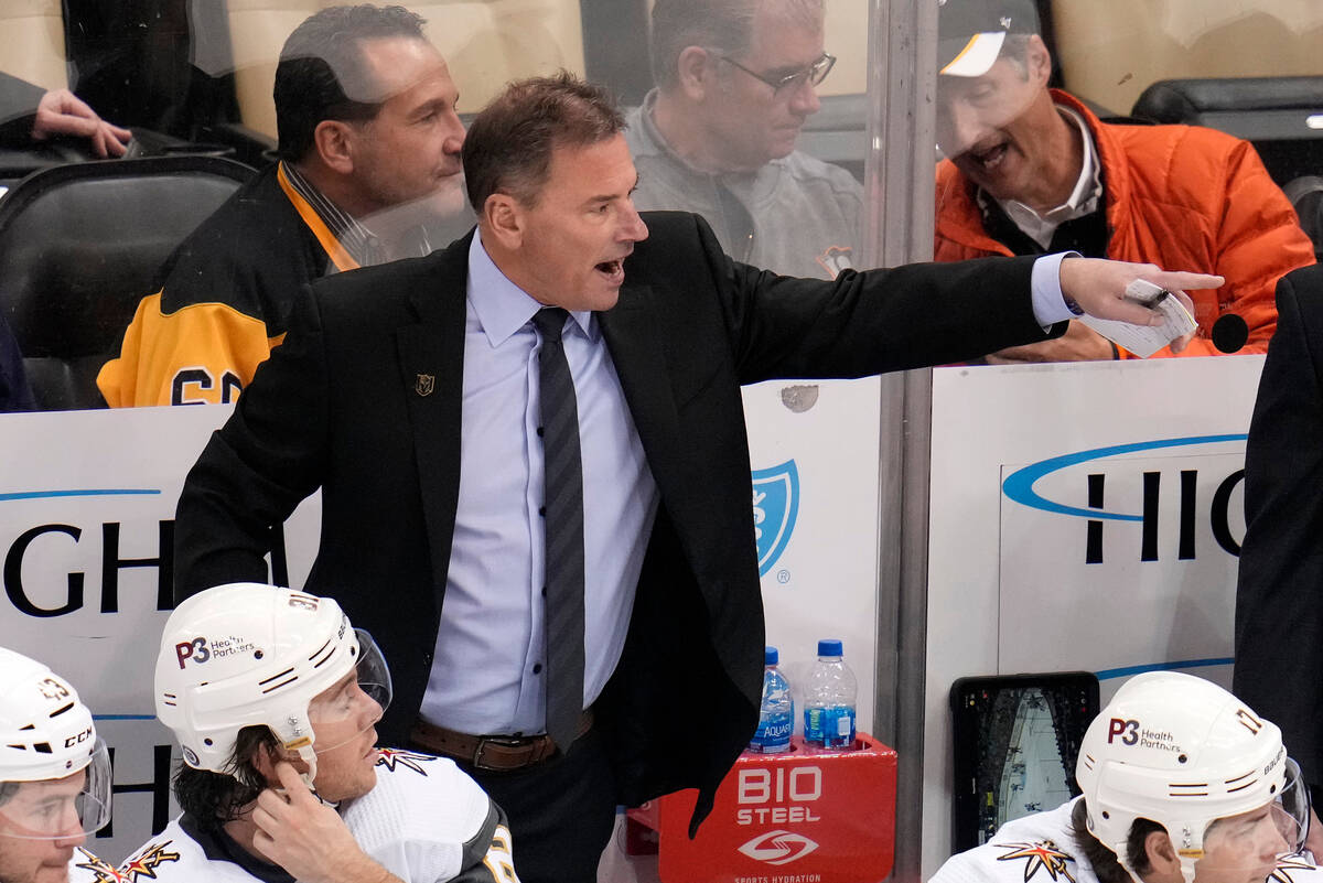 Vegas Golden Knights head coach Bruce Cassidy gives instructions during the third period of an ...