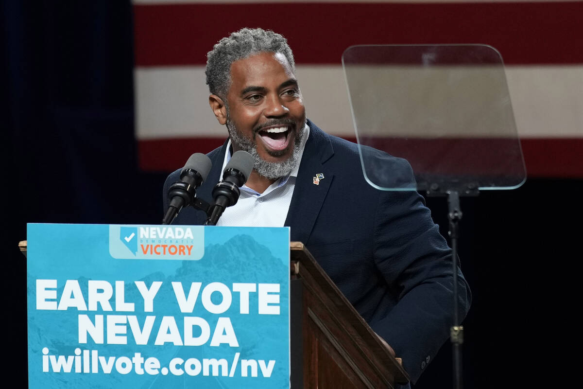 Rep. Steven Horsford, D-Nev., speaks during a rally with former President Barack Obama, Tuesday ...