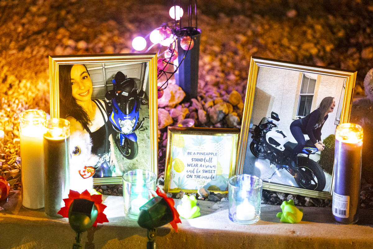 Items left in memory at the scene of a vigil where 28-year-old motorcyclist Rhiannon Nichole Sa ...