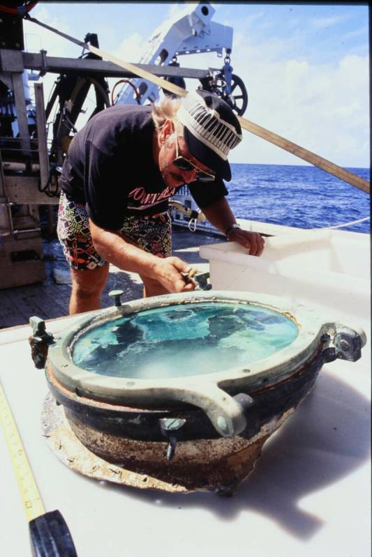 In this 1991 photo provided by the California Gold Marketing Group scientist Bob Evans examines ...