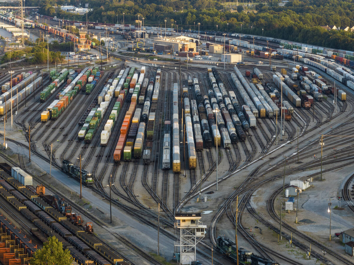 Freight train cars sit in a Norfolk Southern rail yard on Sept. 14, 2022, in Atlanta. The Biden ...