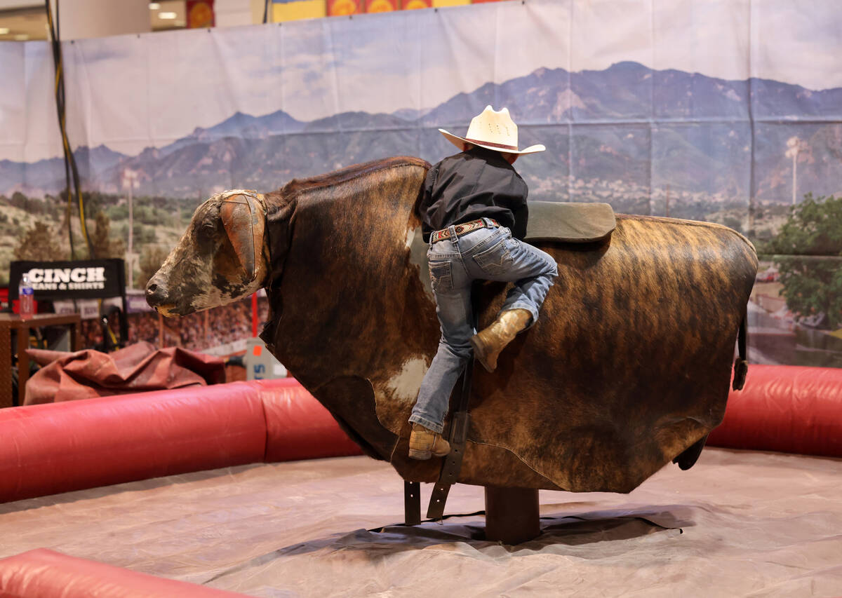 Tripp Irwin, 5, son of NFR steer wrestler Kyle Irwin, tries to mount a mechanical bull during C ...