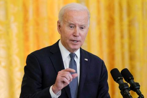 President Joe Biden speaks during a news conference with French President Emmanuel Macron in th ...