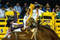 Bareback rider Kaycee Feild of Genola, Utah, rides Sunday Sinner during the National Finals Rod ...