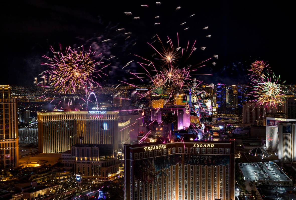 Fireworks explode over the Strip during New Year’s Eve celebrations on Saturday, Jan. 1, ...