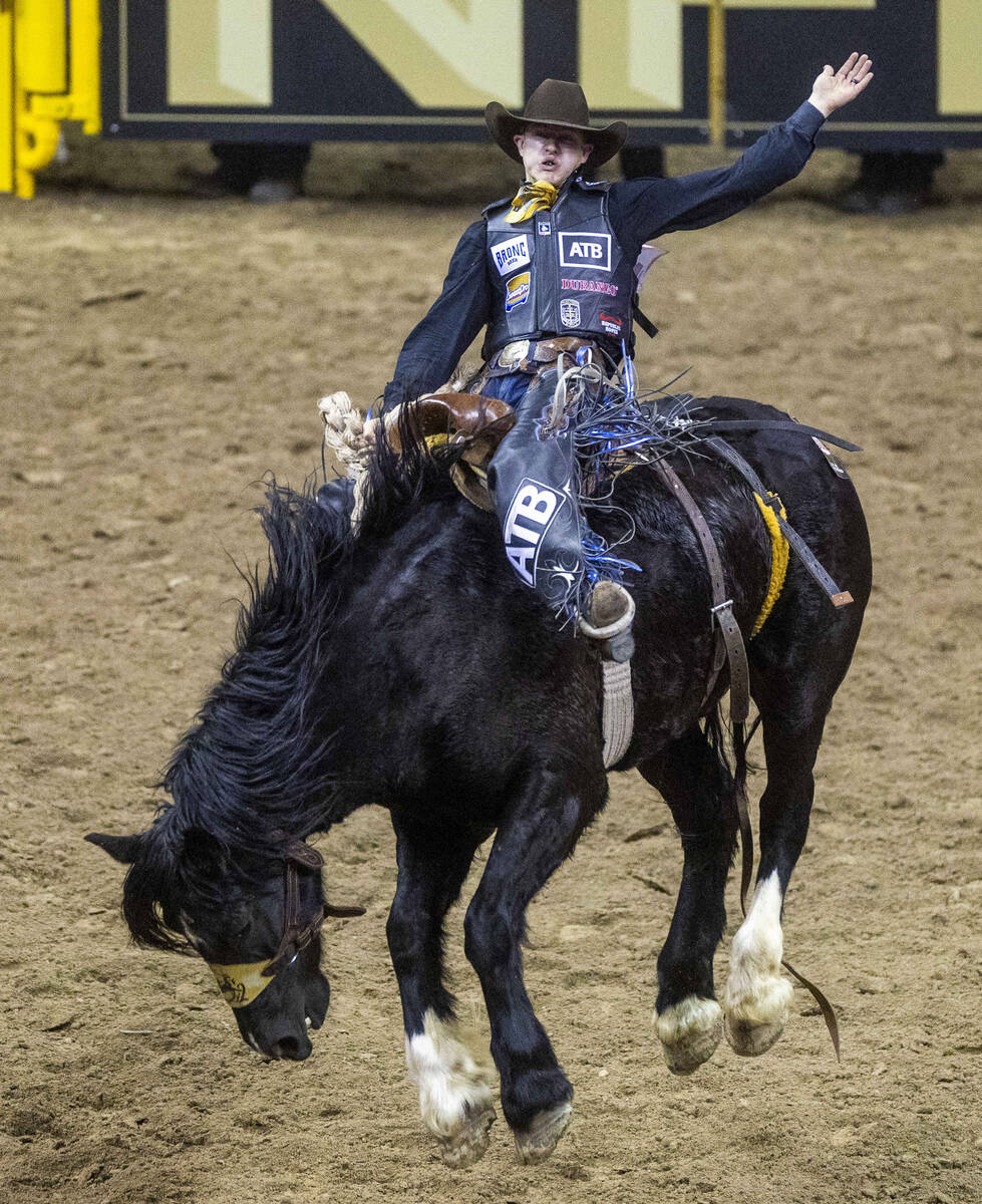 Zeke Thurston of Big Valley, AB., catches some air as he competes for a win during Saddle Bronc ...