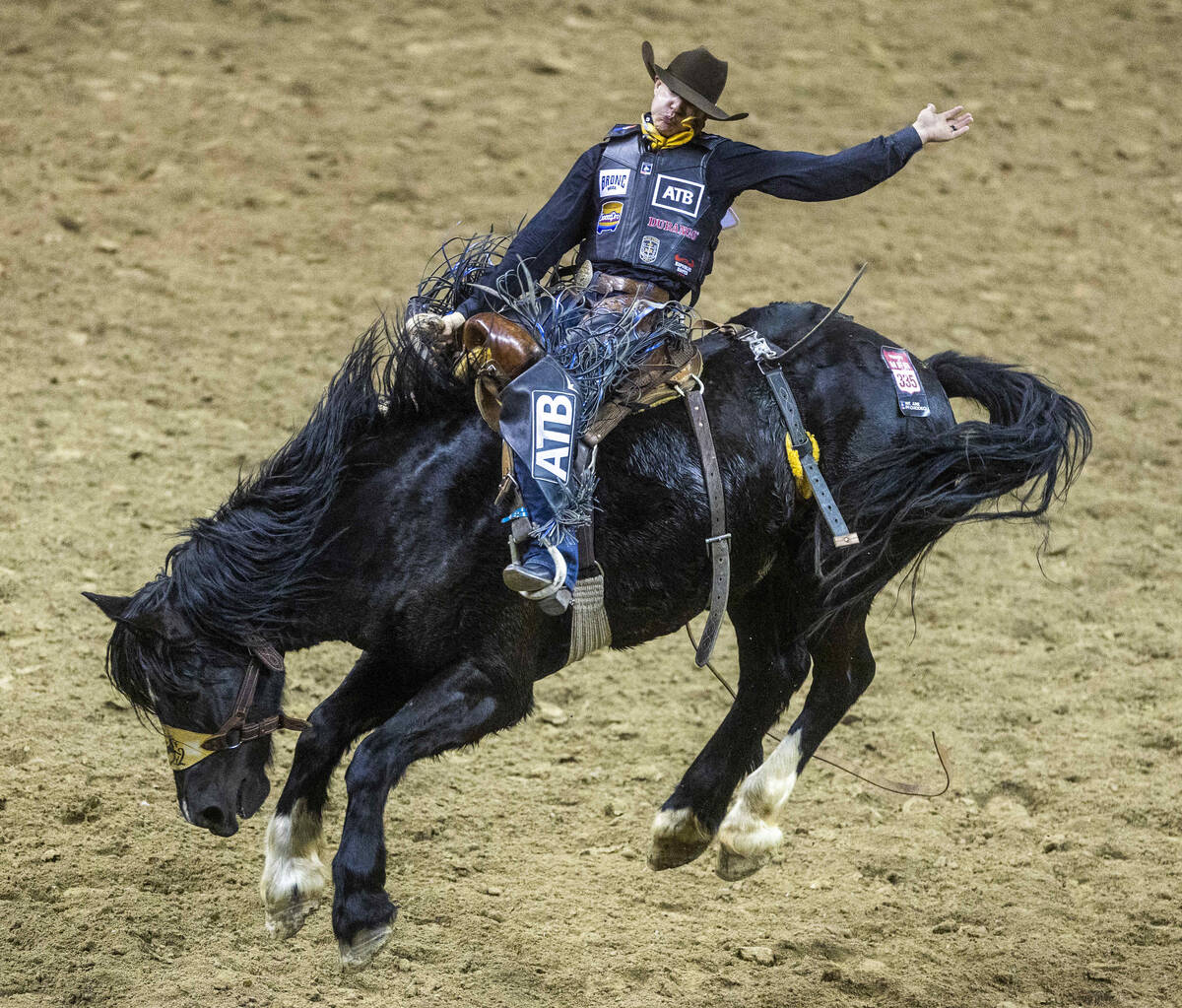 Zeke Thurston of Big Valley, AB., catches some air as he competes for a win during Saddle Bronc ...