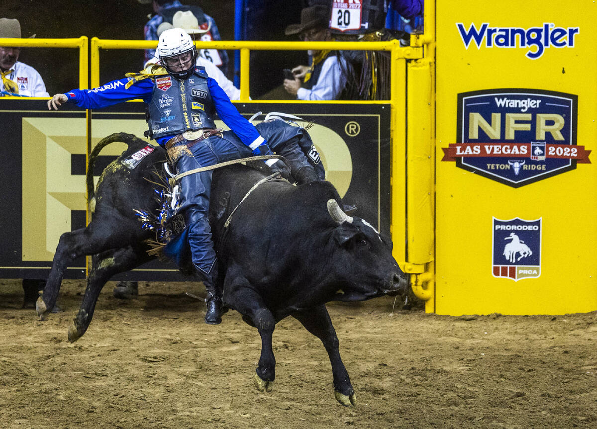Stetson Wright of Milford, UT., completes another winning ride during Bull Riding in the Nation ...