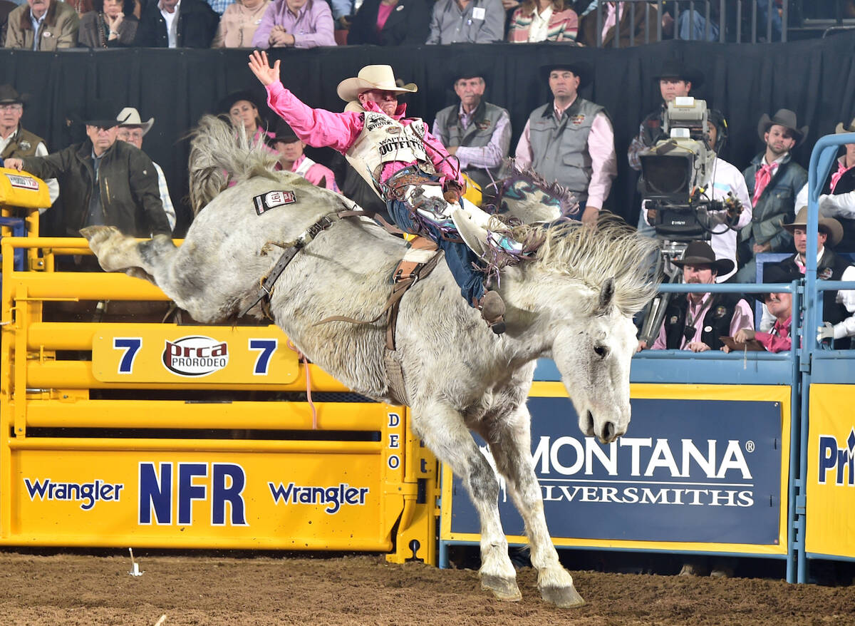 Bareback rider J.R. Vezain competes in Round 5 of the 2017 Wrangler National Finals Rodeo. He s ...