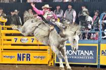 Bareback rider J.R. Vezain competes in Round 5 of the 2017 Wrangler National Finals Rodeo. He s ...