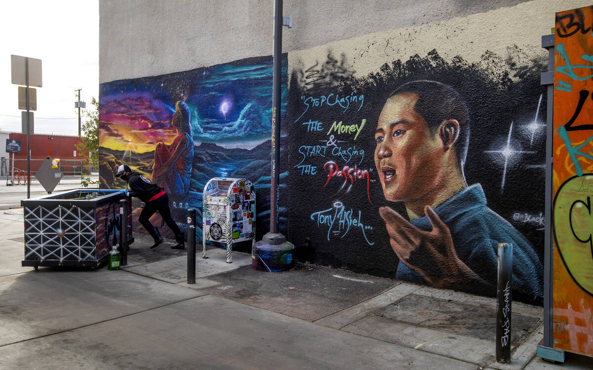 A mural dedicated to Tony Hsieh in the DT Alley near Fremont and 6th Street in downtown Las Veg ...