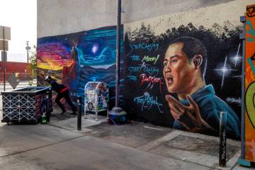 A mural dedicated to Tony Hsieh in the DT Alley near Fremont and 6th Street in downtown Las Veg ...