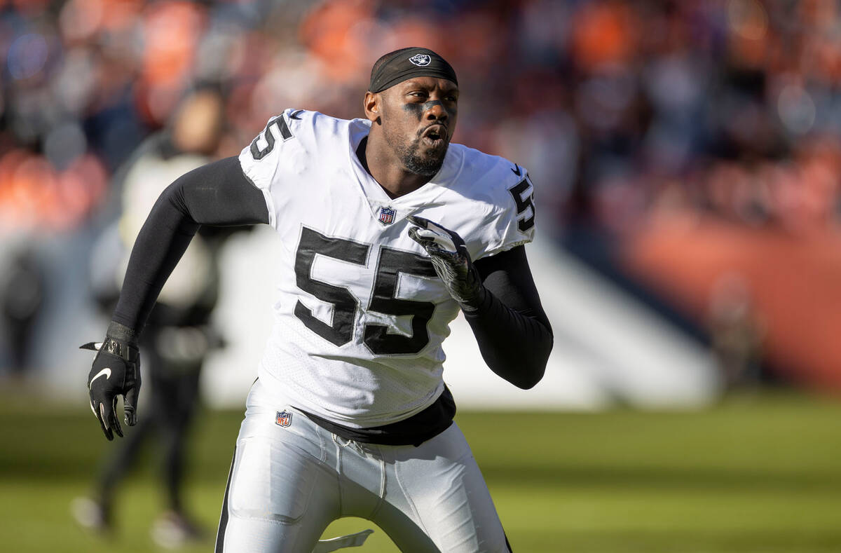 Raiders defensive end Chandler Jones (55) warms up before an NFL game against the Denver Bronco ...