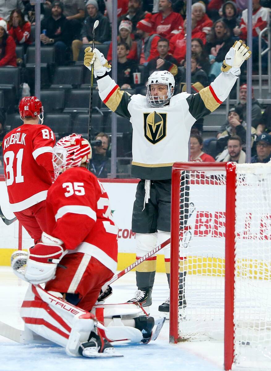 Vegas Golden Knights center Jack Eichel (9) celebrates after his goal against Detroit Red Wings ...