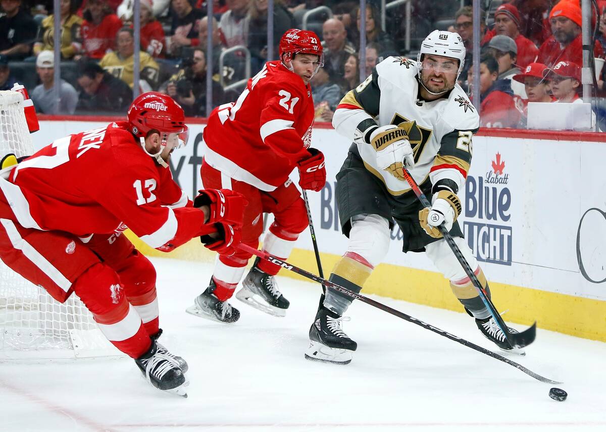 Vegas Golden Knights left wing William Carrier (28) passes the puck against Detroit Red Wings d ...