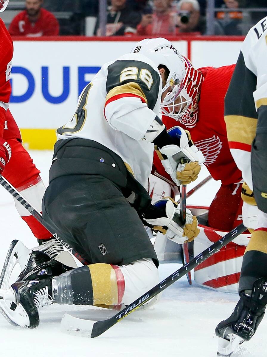 Vegas Golden Knights left wing William Carrier (28) tries to score a goal against Detroit Red W ...