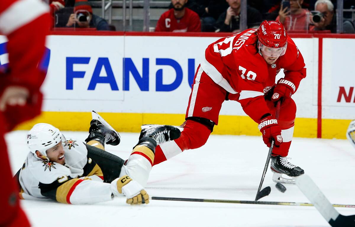 Vegas Golden Knights defenseman Brayden McNabb (3) tries to block a shot by Detroit Red Wings c ...