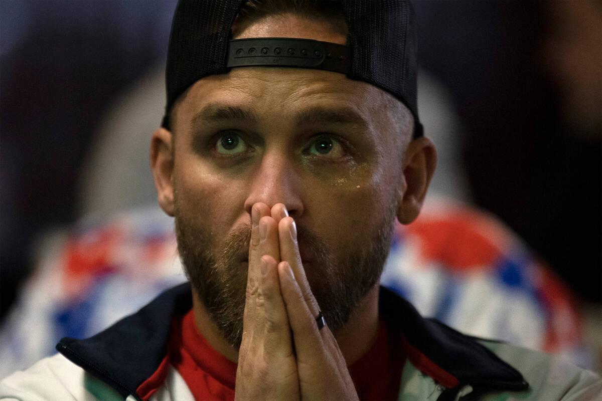 Scott Leedom, of Las Vegas, watches the World Cup round of 16 soccer match between the United S ...