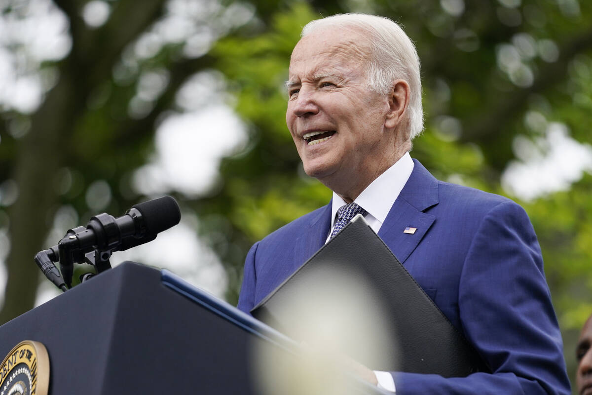 President Joe Biden speaks in the Rose Garden of the White House in Washington, Friday, May 13, ...